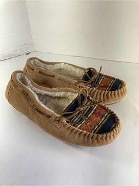 Minnetonka Tan Suede Moccasin Slippers with Multicolor Striped Toe
